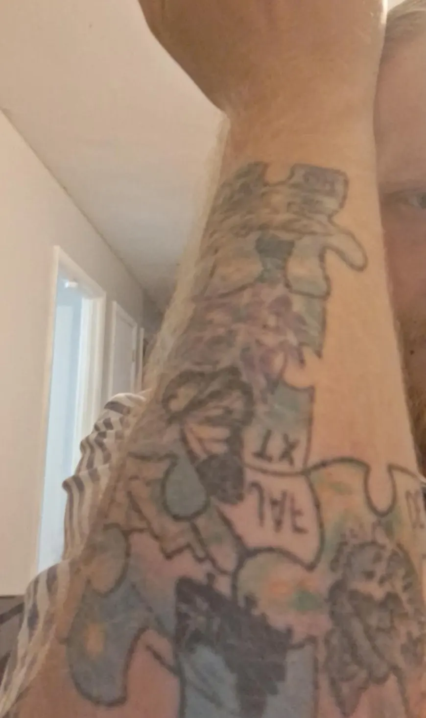Original photo of a multicolored puzzle-piece sleeve tattoo with animal and flower designs